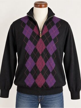 Carnoustie 100% Merino Wool Argyle Quarter Zip Sweater Men's XL Preppy Golf